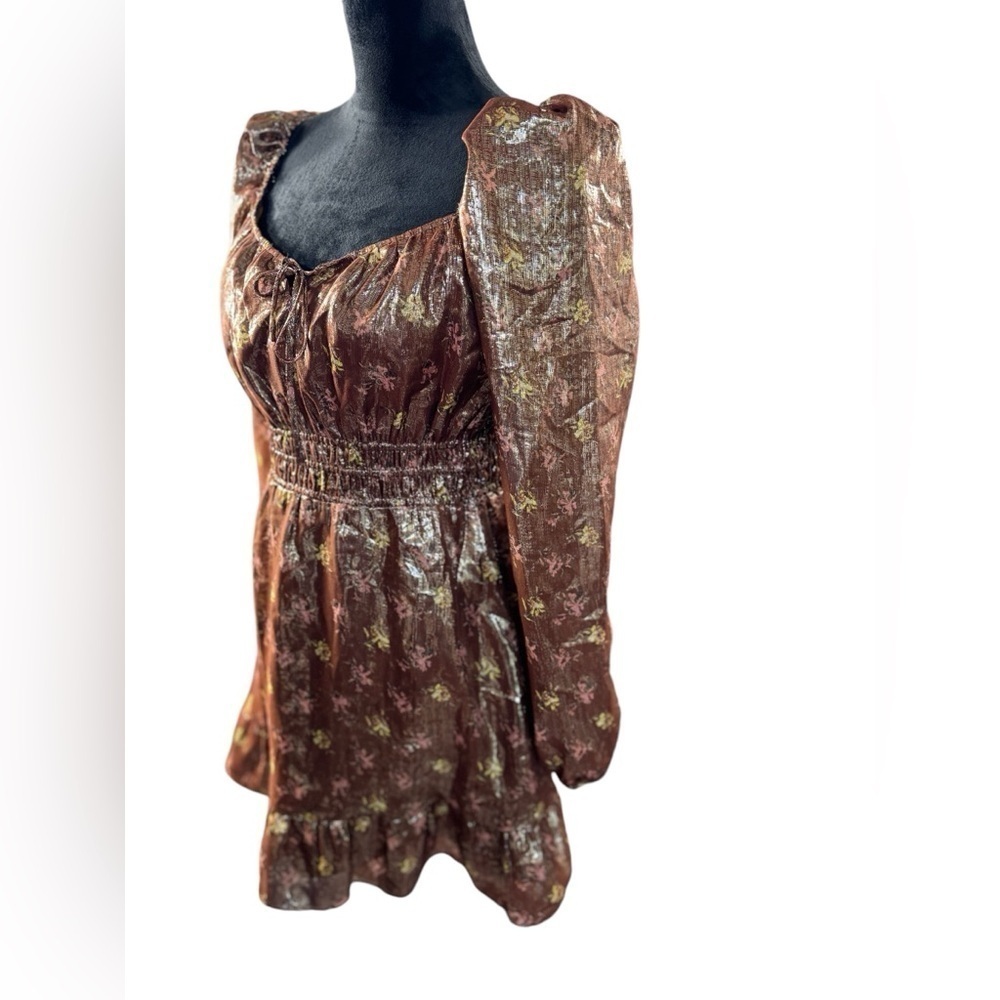 PAIGE Metallic Silk Blend Puff Sleeve Mini Dress Gold Bronze Ruffle Hem - Picture 3 of 10